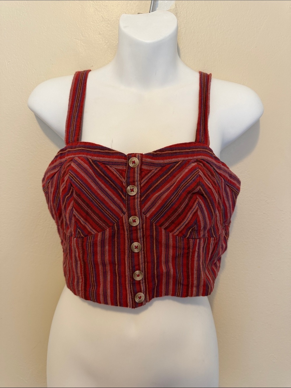 American Apparel Red Striped Button-Front Crop Top